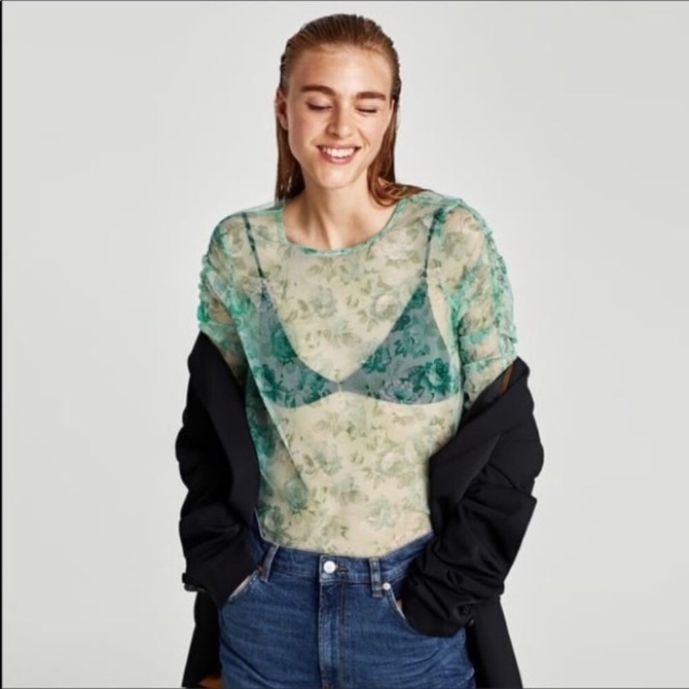 ZARA Floral Sheer Ruched Top Teal - M